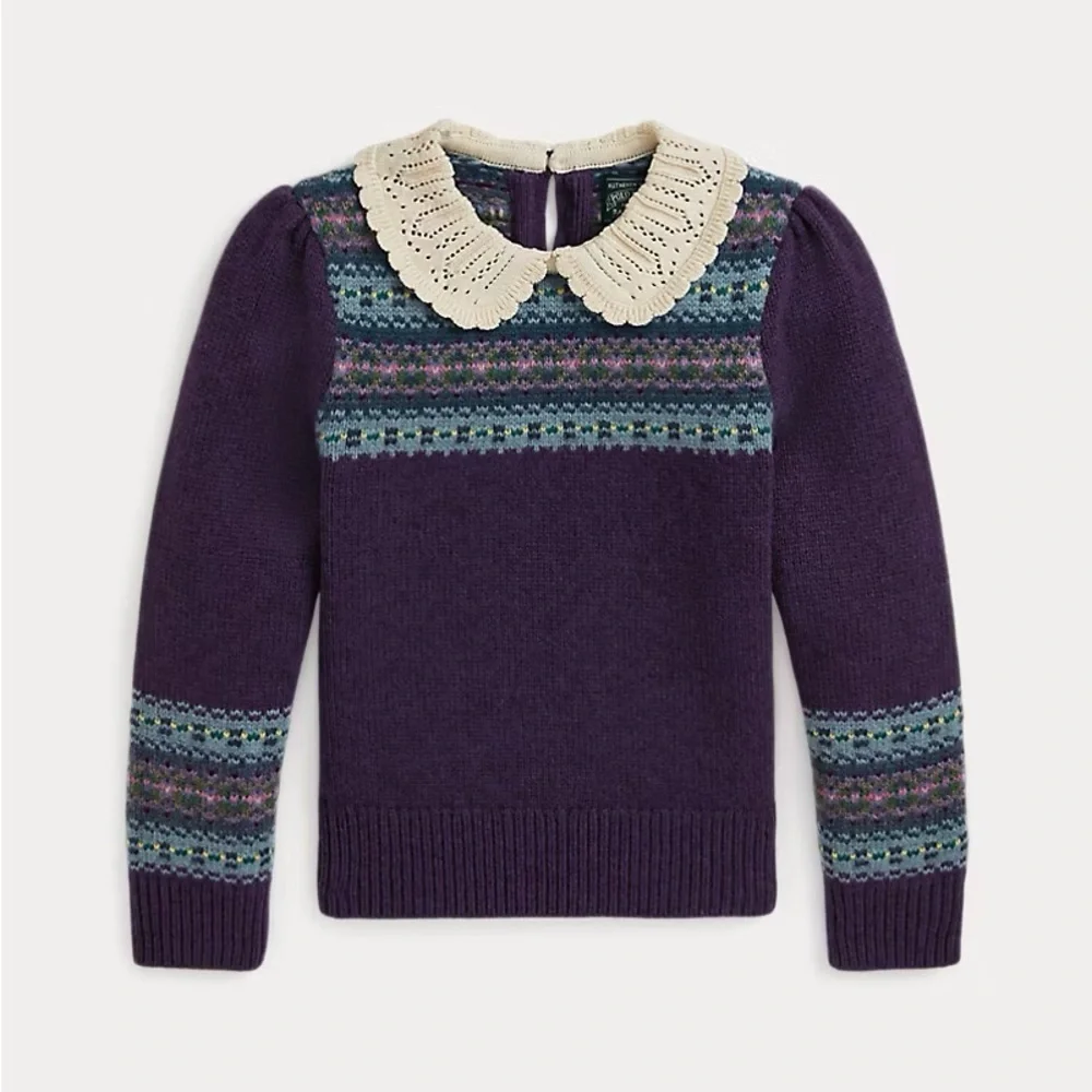 Ralph Lauren Purple Fair Isle Sweater with Cream Lace Collar